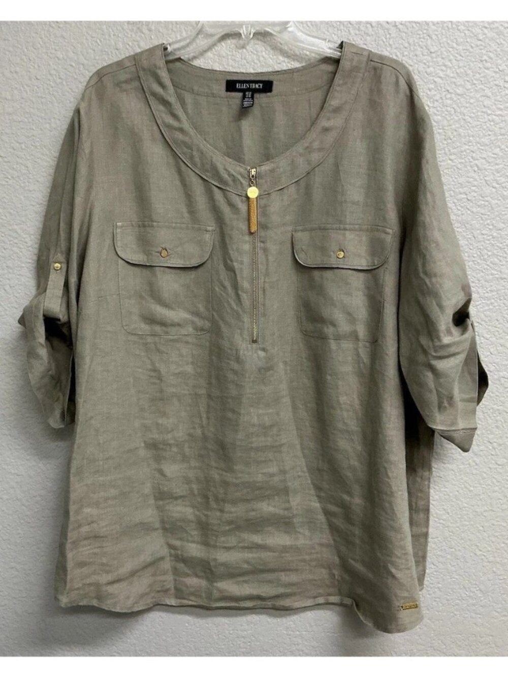 Ellen Tracy 100% Linen Green Tunic Blouse Gold Details Women’s Size 3X